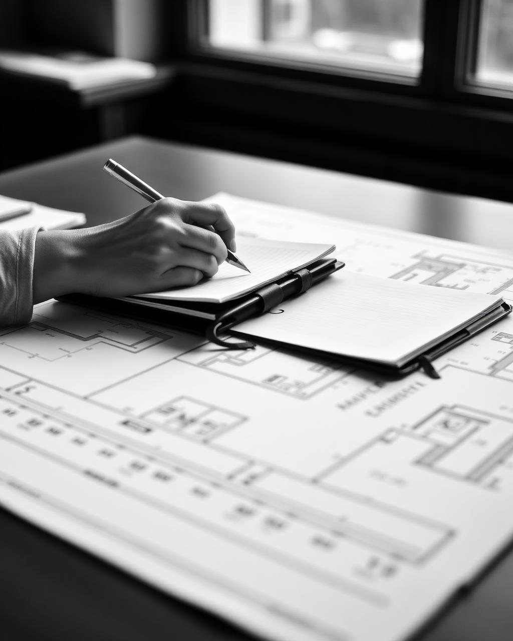 Hands working on operational blueprints